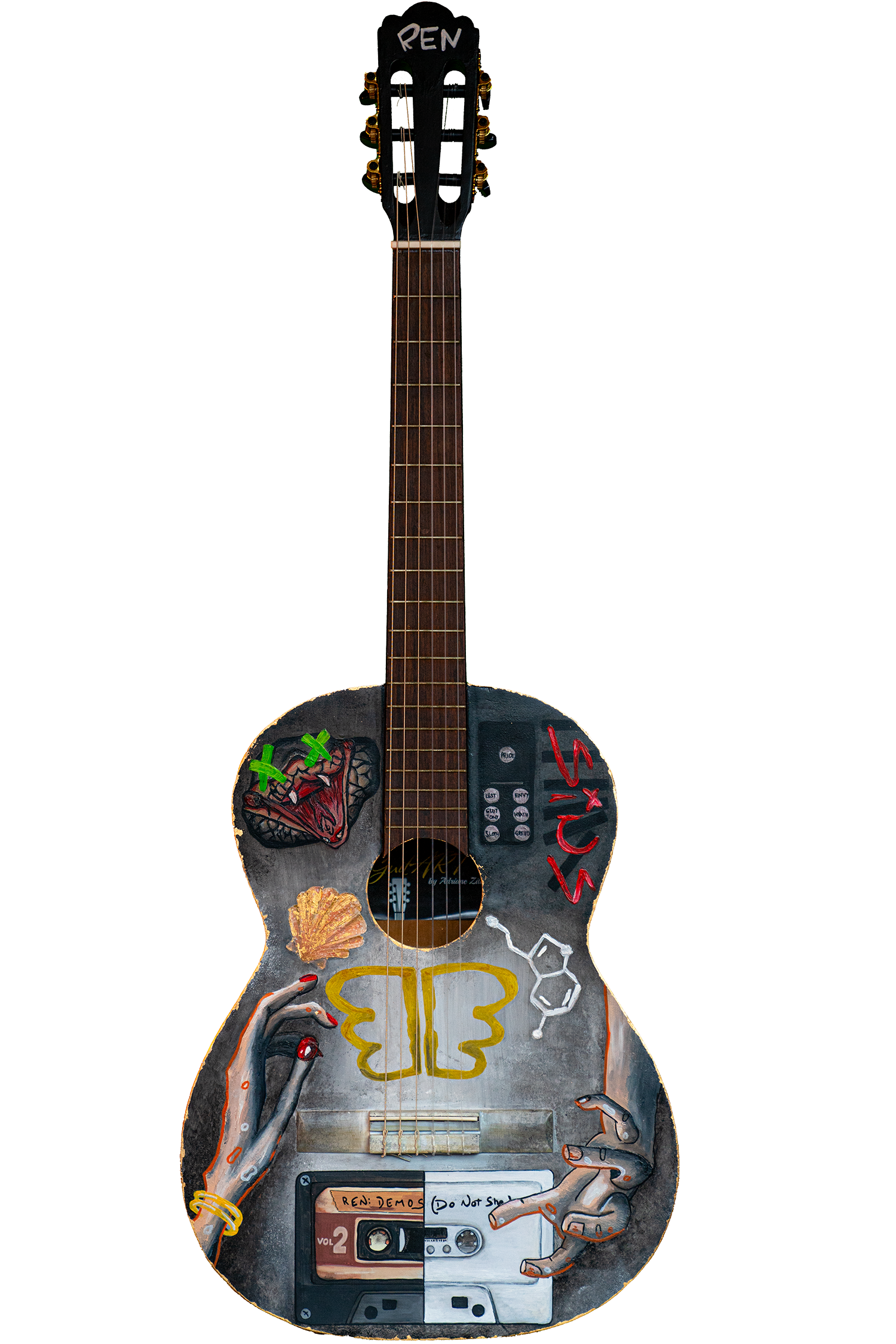 Ren inspired acoustic guitar with raw emotional design and expressive character